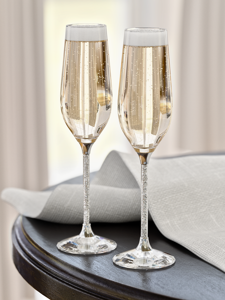 Crystal Champagne Glasses by Vindi Design. Crystal Champagne Flutes, set of 2, plus Gift Box, Black.