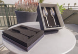 Crystal Champagne Glasses by Vindi Design. Crystal Champagne Flutes, set of 2, plus Gift Box, Black.